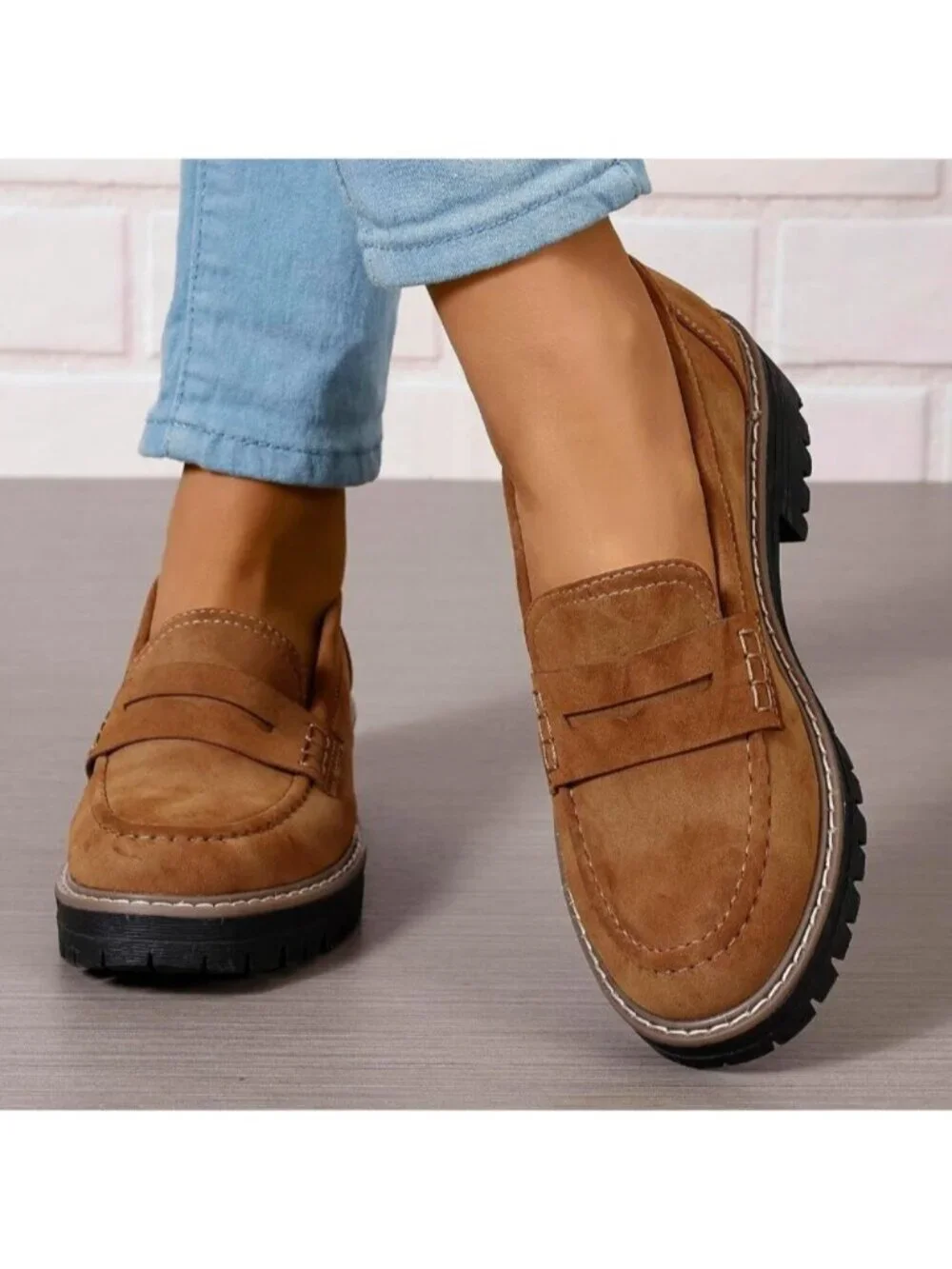 Womens Brown Suede Lug Sole Slip On Business Chunky Platform Penny Loafers Shoes